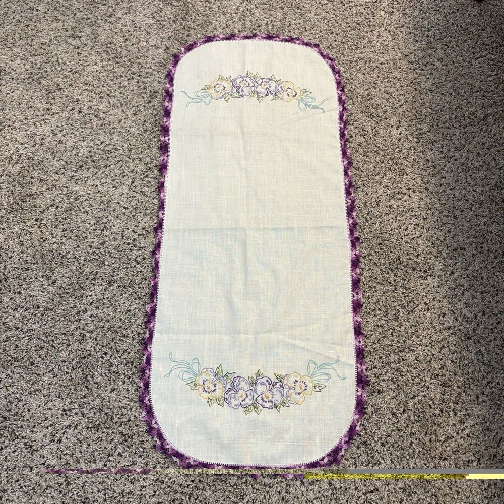 Vintage Dresser Scarf, Embroidered Runner, Handmade Crochet Detail, Pansies